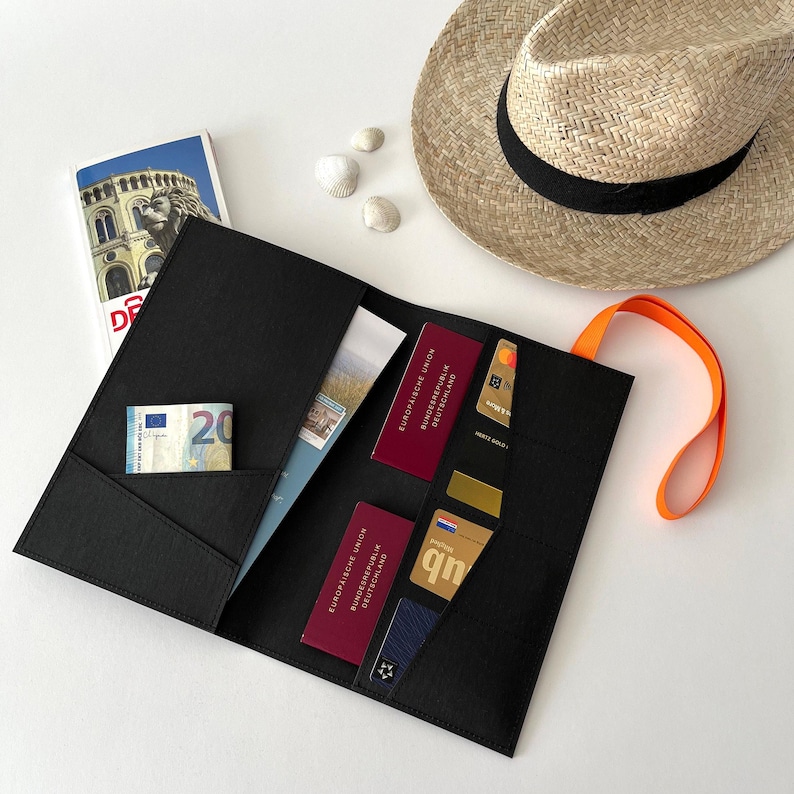 May include: A black travel wallet with multiple pockets, holding a passport, credit cards, and a twenty-euro bill. A straw hat with a black band and an orange strap are also visible. The wallet is open, displaying its contents.