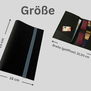 May include: Black travel document holder, 16 cm wide and 25 cm tall, with a blue elastic band. Open, it reveals pockets for currency, documents, and passports. The open width is 32.50 cm.