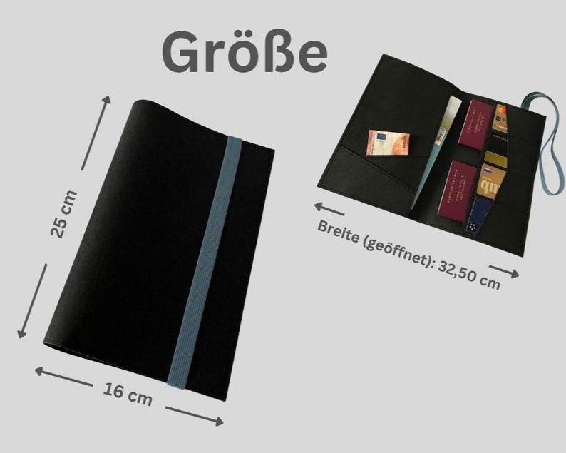May include: Black travel document holder, 16 cm wide and 25 cm tall, with a blue elastic band. Open, it reveals pockets for currency, documents, and passports. The open width is 32.50 cm.