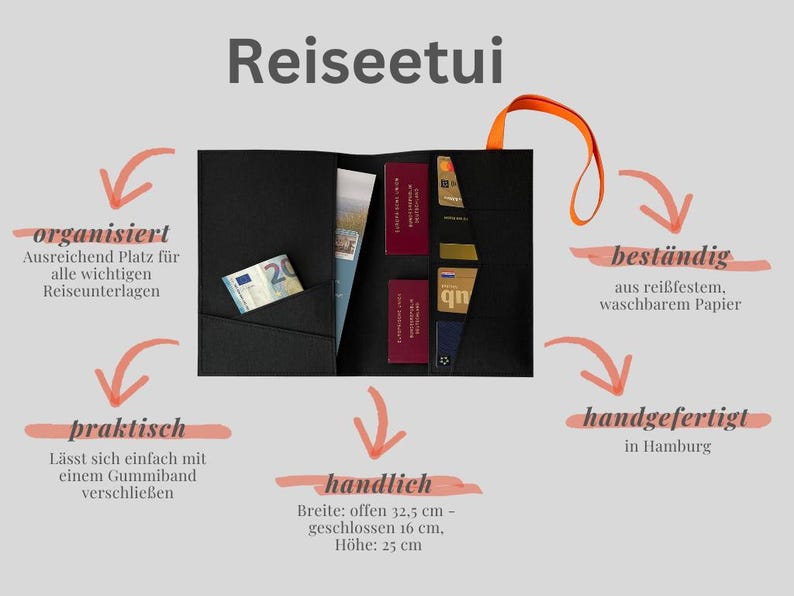 May include: Black travel document holder with orange handle, featuring multiple pockets for cards, documents, and currency. The holder is made of durable, washable paper and includes the text "Reiseetui". Open width is 12.8 inches, closed is 6.3 inches, and height is 9.8 inches.