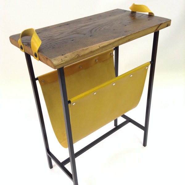 The Portray Magazine Serving Tray Table in Reclaimed Wormy Chestnut and Mustard Yellow Leather