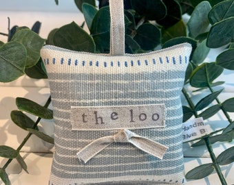 Lavender bag sachet | hand stamped with ‘the loo’ | Vanessa Arbuthnott fabric hanging lavender bag |