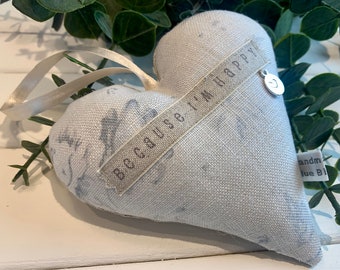 Lavender Floral hanging heart  | 'Because I'm happy' heart | Lavender Hanging Linen Peony & Sage | Gift Heart