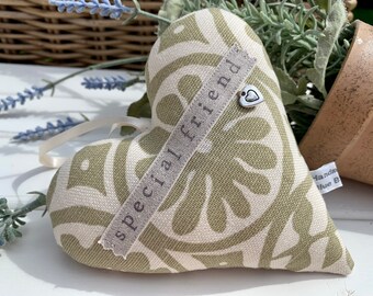 Fabric lavender heart with ‘Special friend’ hand stamped Lavender Hanging Heart | Vanessa Arbuthnott fabric | Olive Green/Cream