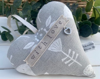 Lavender heart with ‘with love’ hand stamped |  Lavender Hanging Linen Floral Heart | Grey Gift Heart