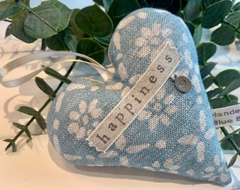 Lavender heart with ‘happiness’ hand stamped |  Lavender Hanging Linen Floral Heart | Gift Heart