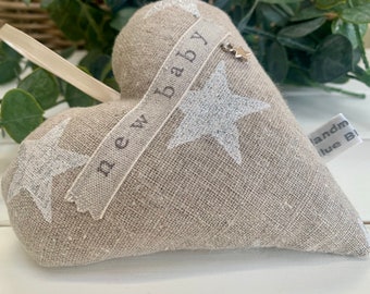 New Baby Star fabric hanging heart with white stars | with lavender | hand stamped | door hanging heart