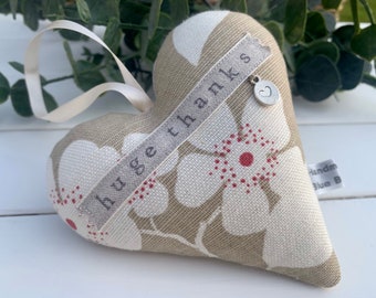 Fabric heart with ‘huge thanks ’ hand stamped Lavender Hanging Heart | Vanessa Arbuthnott fabric padded heart