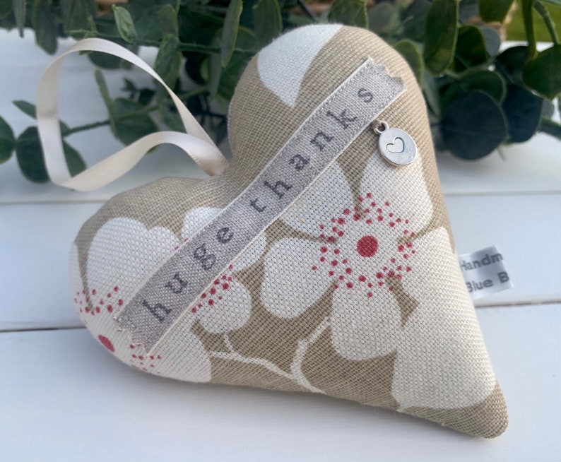 Fabric heart with huge thanks hand stamped Lavender Hanging Heart Vanessa Arbuthnott fabric padded heart image 1