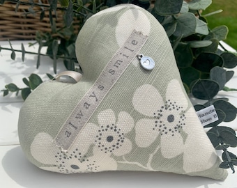 A large fabric heart with ‘always smile’ hand stamped Lavender Hanging Heart | Vanessa Arbuthnott fabric