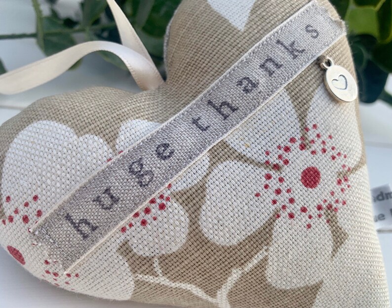 Fabric heart with huge thanks hand stamped Lavender Hanging Heart Vanessa Arbuthnott fabric padded heart image 2