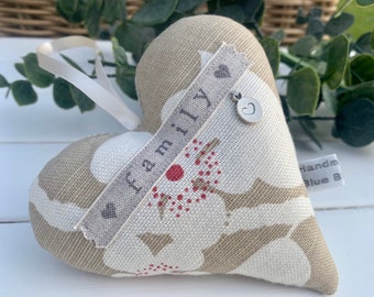 Fabric heart with ‘family ’ hand stamped Lavender Hanging Heart | Vanessa Arbuthnott fabric padded heart