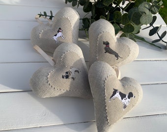 Fabric lavender hanging padded dog heart | Jack Russell heart | Dachshund heart | Pug heart in a Sophie Allport fabric