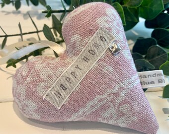 Fabric hanging heart with ‘happy home’ hand stamped Lavender Hanging Heart | dusky pink fabric padded heart