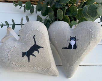 Fabric lavender hanging padded heart | Black cat heart | Black & White Cat heart |  handmade heart in Sophie Allport fabric