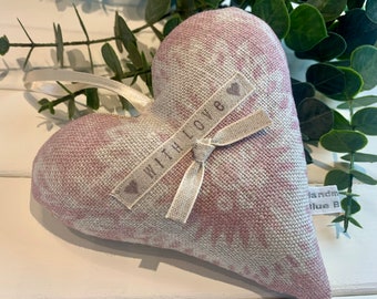 Fabric hanging heart with ‘with love’ hand stamped Lavender Hanging Heart | dusky pink fabric padded heart