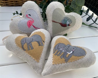 Fabric lavender hanging padded heart | Pink flamingo heart | Elephant heart | Pheasant heart in a Sophie Allport fabric