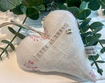 Linen heart | Susie Watson fabric heart |  lavender door hanging heart | life is sweet wording