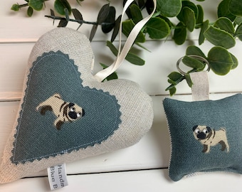 Fabric lavender hanging padded pug heart and keyring set | Sophie Allport fabric