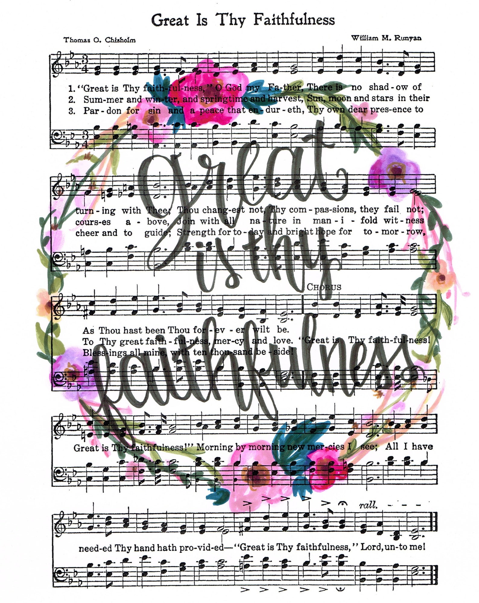 Great is Thy Faithfulness Hymn Art, Sheet Music, Instant Download, Hymnal Print, Floral