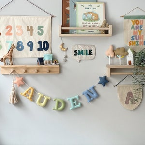 Personalized Felt Name Banner, Custom Handmade Bunting, Nursery Decor, Letter Slinger, Baby Room Garland, Star- Rainbow- Sun- Cloud- Heart