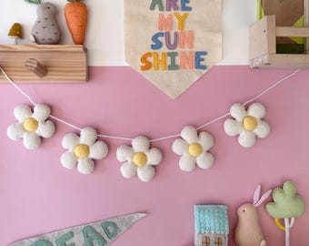 Felt Flower Garland, Cream and Yellow Nursery Decor, Floral Boho Wall Hanging for Baby Room