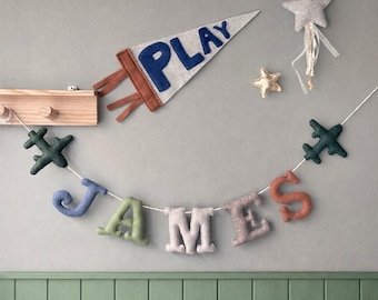 Felt Airplane Name Banner, Boys Nursery Decor, Personalized Name Sign, Airplane Bunting
