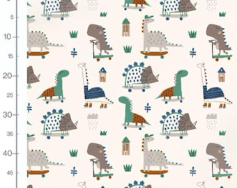 Dinosaurier Meterware mit Tiermotiv, Kinderstoff Jersey French Terry Musselin Softshell Panama Ripp-Jersey Dino Stoff für DIY ab 50cm