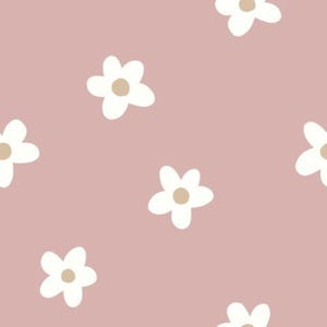 Könnte beinhalten: Ein nahtloses Muster mit weißen Blüten mit braunen Zentren auf einem hellrosa Hintergrund.
