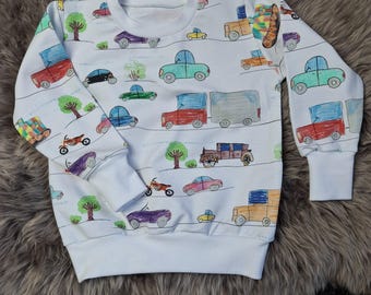 Bequemer Baumwoll-Sweater für Babys & Kinder - French Terry mit Autos - perfektes Geschenk zur Geburt, Geburtstag, Weihnachten.