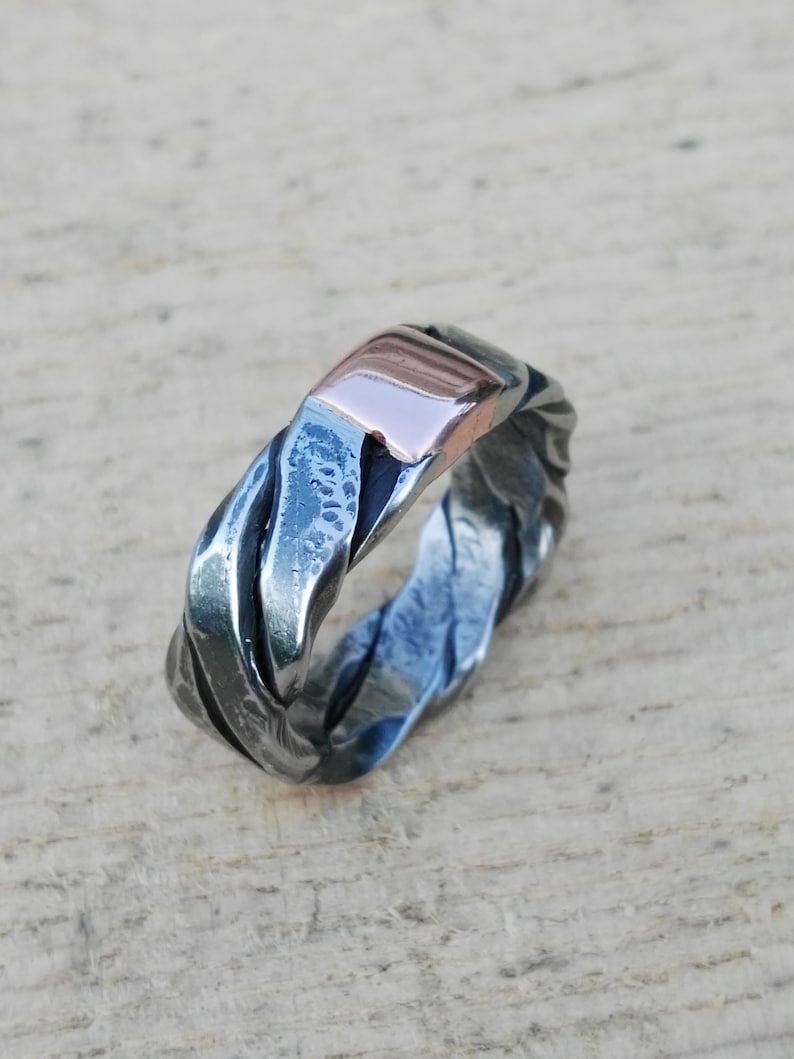 hammered ring Twisted stainless steel and copper ring hand forged ring band
