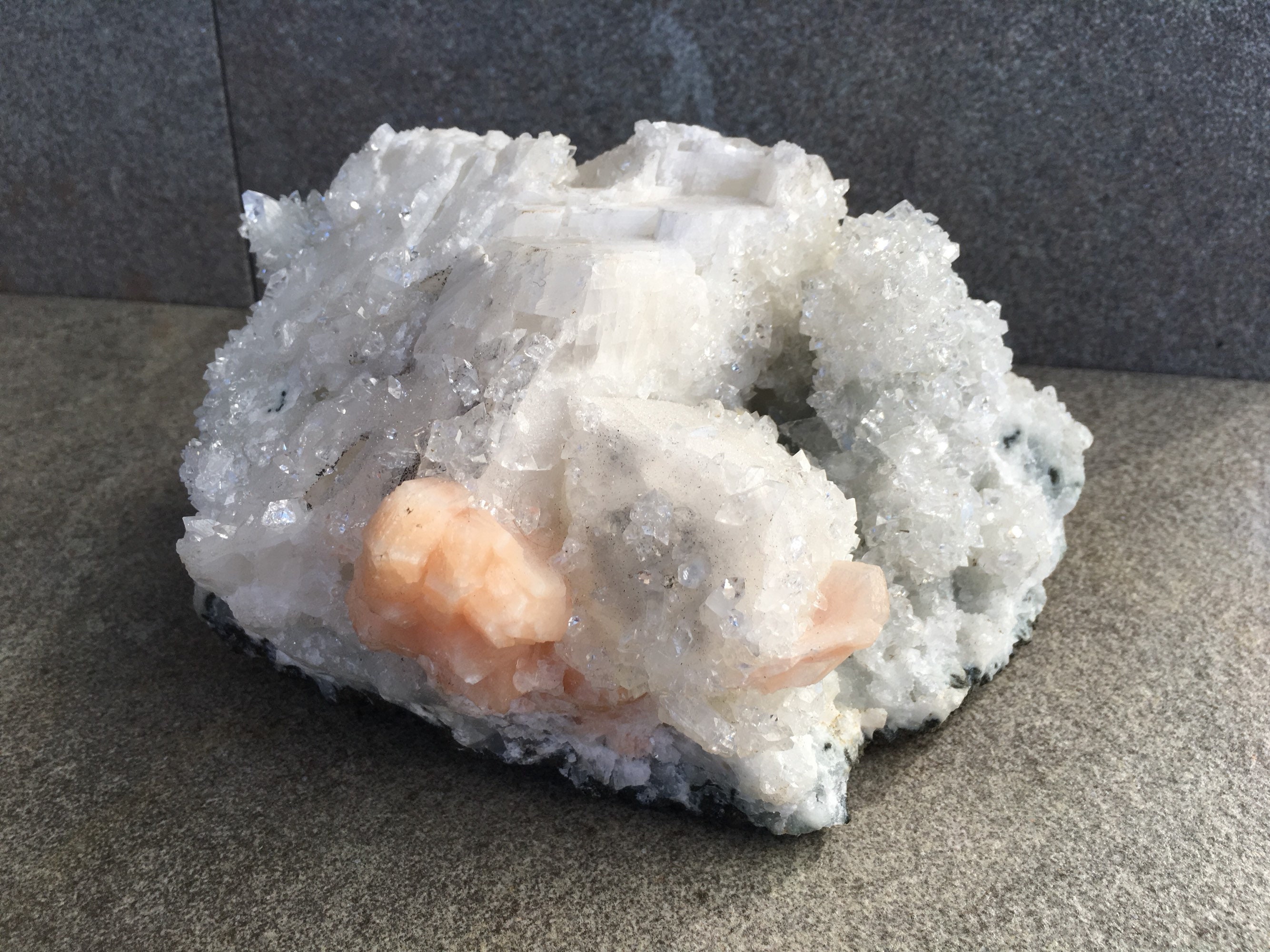 Natural Standing Peach Stillbite On White Apophyllite Cluster Grown On Calcite