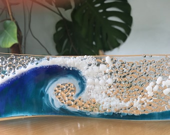 Crashing Wave Hand Painted with Glass Enamels - Fused Glass Art Curve.  Birthday, Wedding, Housewarming.  Made by Mel West Glass