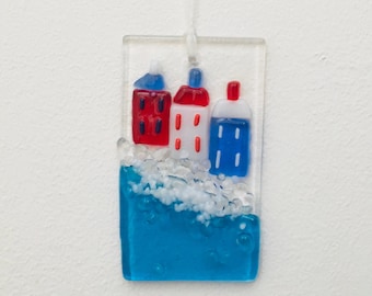 Fused Glass Coastal Cottage Wall Hanging: Cornish Art