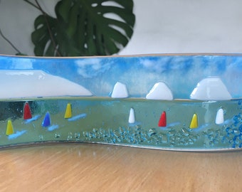 The Needles and Lighthouse Stand Alone Fused Glass Art Curve.  Housewarming, Wedding, Birthday, Thank You Gift.  Home Decor Under 50