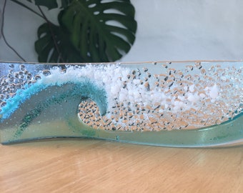 Fused Glass Crashing Wave Sculpture: Aqua Coastal Decor