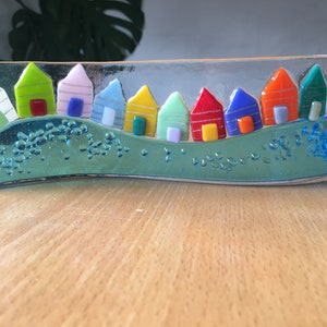 Beach Huts on the Oceanfront  - Stand Alone Curvy Fused Glass Art.  Housewarming, Birthday, Wedding, Xmas Gift.  Made by Mel West Glass