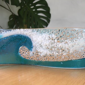 Fused Glass Crashing Wave Sculpture: Turquoise Coastal Art