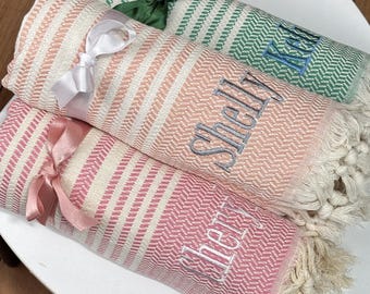 Personalized Turkish Beach Towel, Beige Striped Cotton, Bachelorette Gift