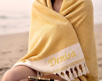 Personalized Organic Turkish Towel – Bridesmaid Gift, Custom Wedding Favor, Embroidered Beach Towel, Housewarming Present,