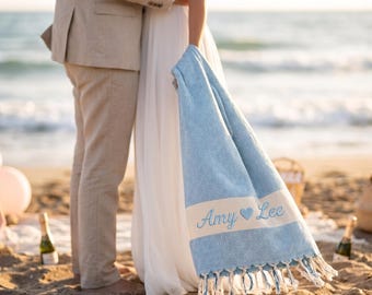 Personalized Turkish Beach Towel, Embroidered Cotton, Wedding Favor