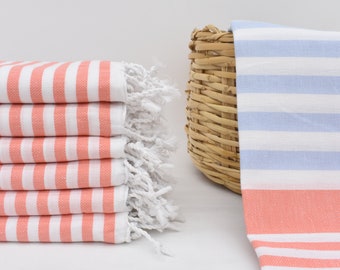 Beach Towel, 66x36, Turkish Towel,Coral and Baby Blue Towel,Handwoven Towel,Bathtowels,Decorative Bath Towel, Pool Towel, 170x90 cm Dblg-Bhr