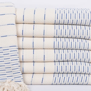 Turkish Blanket, 97&quot;x91&quot; Sax Blue Striped Design Throw, Tablecloth, Bachelorette Party Gifts Bridesmaids, Housewarming Gift,