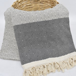 May include: Black and white patterned throw blanket with a fringe border. The blanket has a geometric design with small squares.