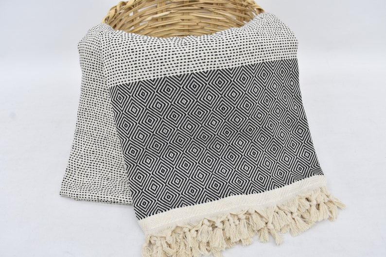 May include: Black and white patterned throw blanket with a fringe border. The blanket has a geometric design with small squares.