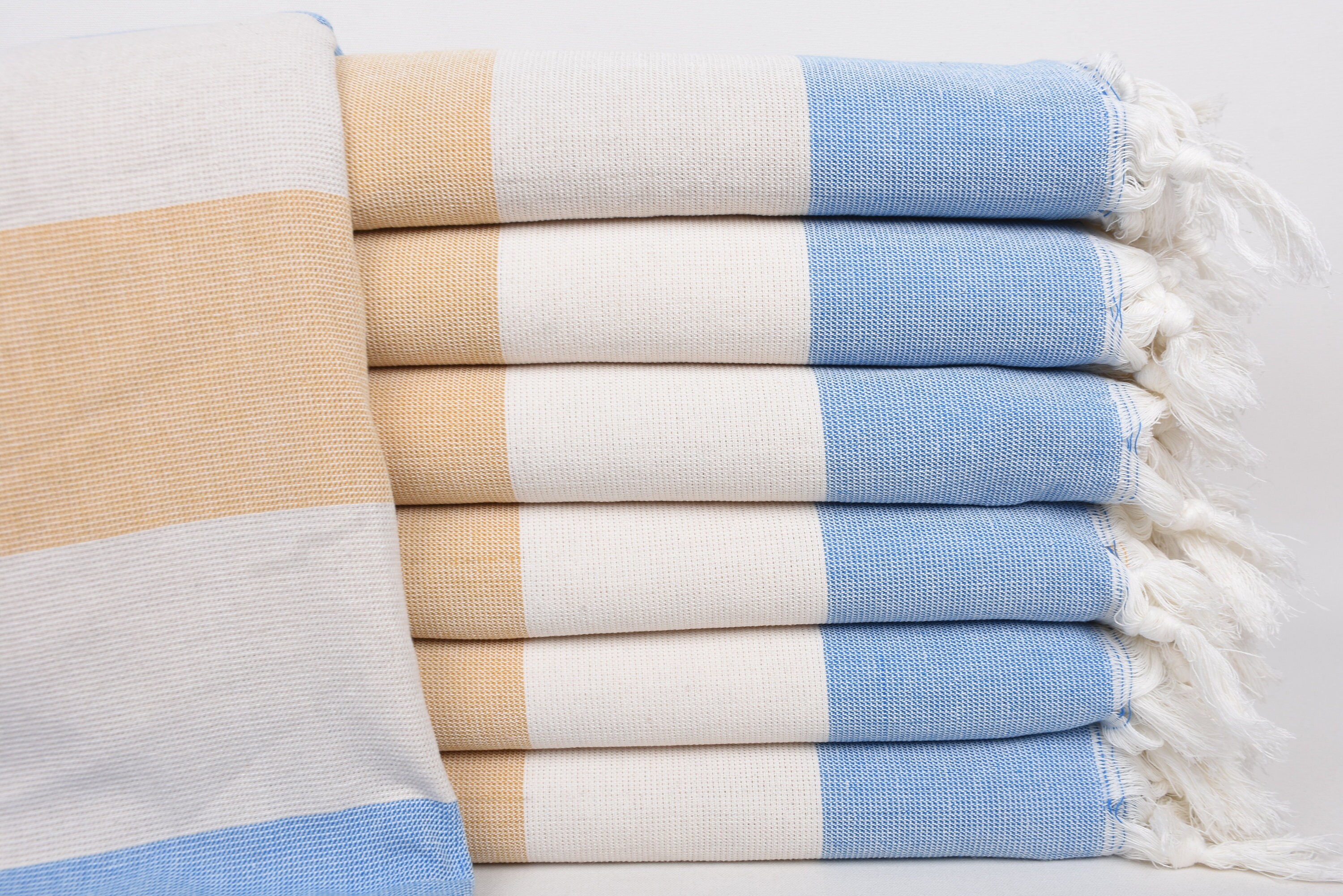 Bath Towel, Striped Terry Towel, 36x71 Inches Mustard-Cream-Blue Cotton Towel, Custom Gift, Turkish Towel Beach, House Warming Gift,