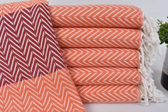 Custom Beach Towel, Wedding Favors, Turkish Beach Towel, Bridal Gifts, 70"x40" Orange-Burgundy Chevron Towel, Best Beach Towel