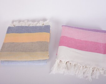 Personalized Turkish Towel, Yellow-Coral Striped, 67"x40", Organic Cotton, Beach Travel Gift