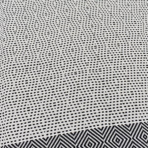 May include: A white and black patterned fabric with a geometric design. The fabric has a woven texture and a subtle sheen.