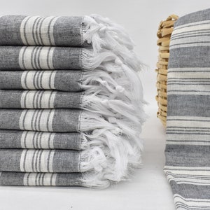May include: A stack of gray and white striped towels with white fringe. The towels are folded and stacked on a white surface.